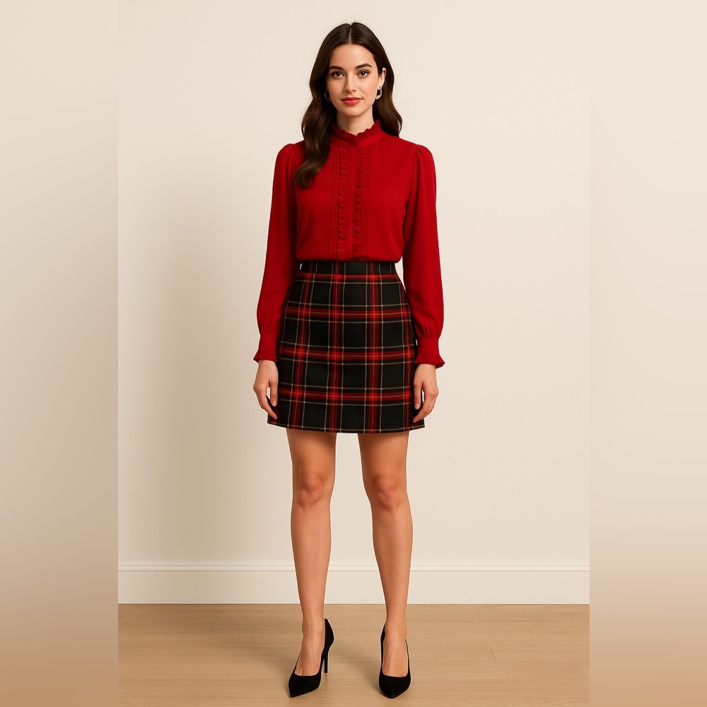 ‎Red long sleeve top with ruffle details neck